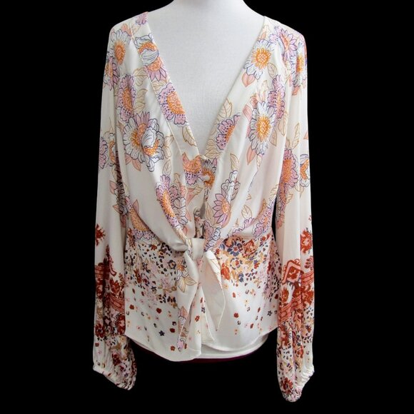 Free People Run Free Tunic Blouse Top Ivory Womens Size L Floral Boho Festival - Picture 2 of 14